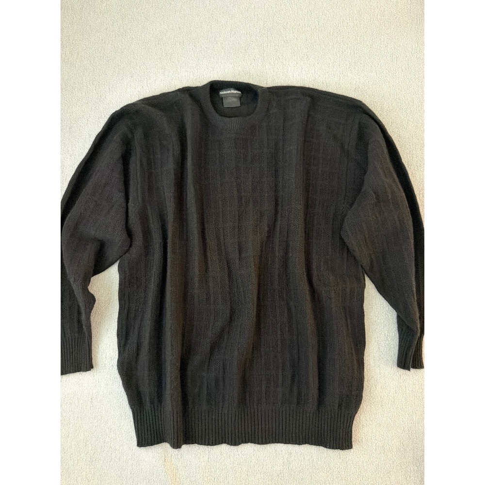 Neiman Marcus Mens XXL Pure Cashmere Crewneck Sweater Black Textured Grid Knit